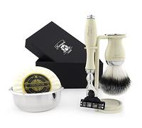 Haryali London 4 Pc Mens Shaving Kit 3 Edge Razor with Synthetic Badger Hair Shaving Brush, Stand and Bowl Perfect Set for Men