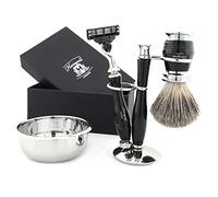 Haryali London, 4 Pcs Men’s Shaving Set - Triple Edge Razor with Badger Hair Brush, Stand & Shaving Bowl - Wet Shaving Kit & Gift for Men