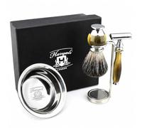 Haryali London, 4 Pcs Men’s Shaving Set with Double Edge Safety Razor, Hair Shaving Brush, Stainless Steel Shaving Bowl & Stand - Traditional Wet Shaving Kit for Men, Grooming Gift Set