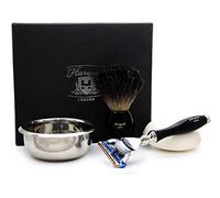Haryali London 4 Pieces Men's Shaving/Grooming Kit In Black. The Set includes Black Badger Hair Shaving Brush, 5 Edge Razor, Stainless Steel Bowl & FREE Soap. Ideal Gift For HIM