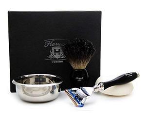 Haryali London 4 Pieces Men's Shaving/Grooming Kit In Black. The Set includes Black Badger Hair Shaving Brush, 5 Edge Razor, Stainless Steel Bowl & FREE Soap. Ideal Gift For HIM