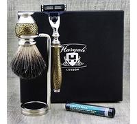 Haryali London 4Pc Mens Shaving Kit 3 Edge Razor, Black Badger Hair Brush, Stand and Alum