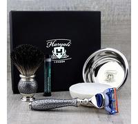 Haryali London, 4pcs Antique Silver Wet Shaving Kit | 5 Edge Shaving Razor, Black Badger Shaving Brush, Shaving Soap, Stainless Steel Bowl - Perfect Grooming Set for Men