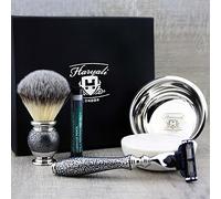 Haryali London, 4pcs Luxury Shaving Kit | 3 Edge Shaving Razor, Synthetic Silvertip Shaving Brush, Shaving Soap and Stainless Steel Bowl for Men Grooming - Antique Silver
