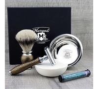 Haryali London, 4Pcs Wet Shaving Set | Antique Gold Shave Kit with Silver Tip Badger Shaving Brush, DE Safety Razor, Stainless Steel Bowl and Soap | Shaving Accessories Set for Men Grooming
