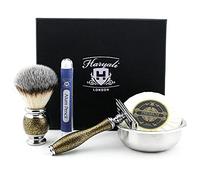 Haryali London, 4Pcs Wet Shaving Set | Antique Gold Shave Kit with Synthetic Silver Tip Shaving Brush, DE Safety Razor, Stainless Steel Bowl and Soap | Shaving Accessories Set for Men Grooming