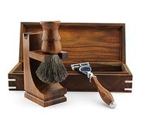 Haryali London, 4Pcs Wooden Shaving Kit for Men | Wooden Handle 5 Edge Razor, Super Badger Shaving Brush, Dual Stand & Wooden Box | Classic Traditional Shaving Set | Luxury Grooming Kit & Gift for Men