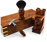 Haryali London, 4pcs Wooden Shaving Set for Men - Double Edge Safety Razor with Pure Badger Hair Brush, Wooden Shaving Stand & Storage Box - Traditional Wet Shaving Kit for Close & Smooth Shave