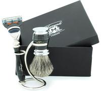 100% Pure Black Badger Hair Brush with Black & Metal Handle, 5 Edge Razor with Black Handle & Stainless Steel Stand with Chrome Finish. Perfect Set for Smooth Finish. for Men's