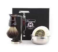 Haryali London 5 Pc Double Edge Safety Razor With Pure Black Badger Hair Brush, Stand, Soap And Bowl Shaving Kit For Mens Perfect New Year Gift Set