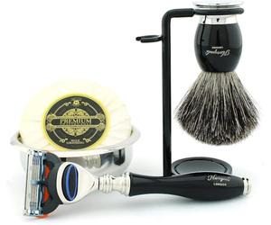 Haryali London 5 Pc Mens Shaving Kit 5 Edge Safety Razor with Black Badger Hair Shaving Brush, Stand, Soap and Bowl Perfect Set for Men
