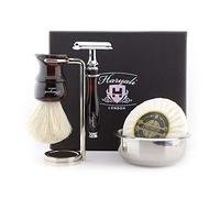 Haryali London 5 Pc Mens Shaving Kit Double Edge Safety Razor with White Badger Hair Brush, Stand, Bowl and Soap Perfect Set for Men