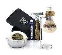 Haryali London, 5 pcs Shaving Kit for Men - Synthetic Silvertip Shaving Brush Set with Double Edge Razor, Shaving Stand, Shaving Soap & Shaving Bowl - Classic Wet Shaving Set - Gold