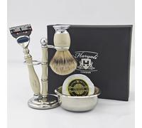 Haryali London, 5 pcs Shaving Set for Men - Badger Shaving Brush Set with 5 Edge Razor, Shaving Stand and Bowl Set, Shaving Soap Bowl Set, Classic Wet Shaving Kit Men Gift - Off White Color