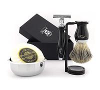 Haryali London 5 Piece Shaving Kit, Double Edge Safety Razor, Black Color Badger Brush, Soap, Bowl, Stand, Set as Gift, 1 g