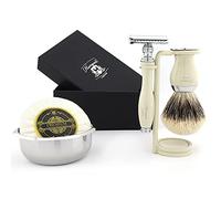 Haryali London 5Pc Mens Shaving Kit Safety Razor, Silver Tip Badger Hair Brush, Bowl, Soap and Stand Perfect Gift Set for Men