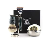 Haryali London 5Pc Mens Shaving Kit with 5 Edge Cartridge Razor, Silver Tip Badger Hair Shaving Brush, Stand, Bowl and Soap Perfect New Year Gift Set for Men