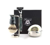 Haryali London 5Pc Mens Shaving Set with 3 Edge Safety Razor, Silver Tip Badger Hair Bristles Brush, Stand, Soap and Bowl Kit for Men Perfect Kit