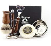Haryali London 5Pc Mens Wooden Shaving Kit 5 Edge Cartridge Razor, Silver Tip Badger Brush, Stand, Soap and Bowl Perfect New Year Gift Set for Men