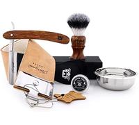 Vintage Style Men's Shaving Set with Synthetic Hair Shaving Brush,Cut Throat Razor/Barber Style Razor, Pure Leather Strop & Sharping Paste,Stainless Steel Bowl with Free Aluminum Stick (Dark Brown)