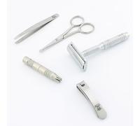 Haryali London, 5pcs Men’s Grooming Kit - Stainless Steel Manicure Set with DE Razor, Nail Scissor, Nail Cutter, Tweezers & Nose Trimmer - Travel Grooming & Nail Care Accessories for Men and Women