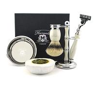 Haryali London 5Pcs Men's Shaving Set, Triple Edge Cartridge Razor, Silver Tip Badger Hair Shaving Brush, Holder, Bowl & Soap, Gift Set for Men
