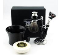 Haryali London, 5pcs Wet Shaving Kit for Men - 5 Edge Shaving Razor, Shaving Brush Set, Shaving Stand, Shaving Soap and Vintage Style Shaving Mug - Luxury Black Grooming Kit
