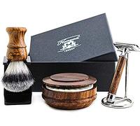 Haryali London, 6pcs Double Edge Safety Razor Set, Wooden Shaving Kit for Men with Synthetic Shaving Brush, Shaving Bowl, Soap & Stand - Wet Shave Gift Set
