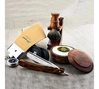 7Pcs Wooden Shaving Kit for Men with Straight Razor - Shaving Brush - Shaving Stand - Shaving Soap - Shaving Bowl - Leather Strop - Paste - Perfect Shaving Set