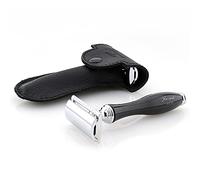 Haryali London, Double Edge Safety Razor with Leather Pouch - Reusable Travel Safety Razor for Men & Women - DE Razor for Close Smooth Shave - Wet Shaving Razor Black