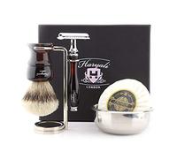 Haryali London Double Edge Safety Razor with Silver Tip Badger Hair Brush, Stand, Soap and Bowl Shaving Kit for Mens Perfect New Year Gift Set