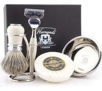 Haryali London Ivory 5Pc Mens Shaving Kit with 5 Edge Shaving Razor, Super Badger Hair Shaving Brush, Stand, Soap and Bowl Perfect Set for Men