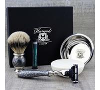 Haryali London, Luxury 4pcs Shaving Set for Men | Antique Silver 3 Edge Shaving Razor, Silvertip Badger Brush, Shaving Soap and Stainless Steel Bowl - Ideal Grooming Kit