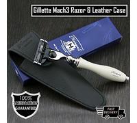 Haryali London, Mens 3 Edge Razor with Leather Case | Triple Edge Cartridge Razor with Off-White Handle | Precision Shave Tool Compatible with Triple Refills - Smooth Shaving for Beard and Moustache