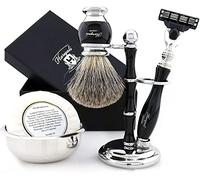 Haryali London Mens Shaving Set - 5 Pc Shaving Kit - 3 Edge Shaving Blade Shaving Razor - Best Badger Shaving Brush - Shaving Soap - Shaving Bowl - Shaving Stand - Black Color Shaving Set as Gift
