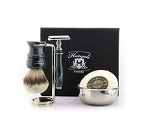 Haryali London Mens Shaving Set with Double Edge Safety Razor, Silvertip Badger Hair Shaving Brush, Stainless Steel Stand, Shaving Soap and Bowl Perfect Set for Men