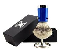 Haryali London Pure Silver Tip Badger Hair Shaving Brush with Shiny Blue Color Handle and Stainless Steel Brush Stand Perfect Shaving Set