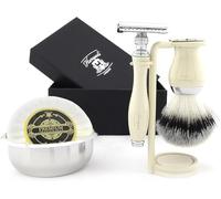Haryali London Shaving Kit, 5 Pc Men Shaving Set, Double Edge Safety Razor, Synthetic Hair Shaving Brush, Shaving Soap and Bowl, Aftershave Alum, Ivory Color Grooming Gift Set
