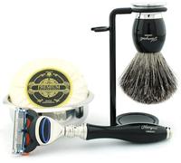 Haryali London Shaving Kit - Black - 5pc Shaving Set - Super Badger Shaving Brush - 5 edge Shaving Blade Shaving Razor - Shaving Stand - Shaving Soap - Shaving Bowl