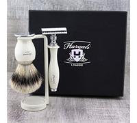 Haryali London Shaving Kit Double Edge Safety Razor with Silver Tip Badger Hair Brush and Stainless Steel Stand Perfect Set for Men