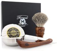 Haryali London Traditional 4 Piece Wooden Shaving Kit for Men - Straight Razor with Black Badger Brush, Stainless Steel Shaving Bowl & Shaving Soap - Sustainable Wet Shave Gift Set