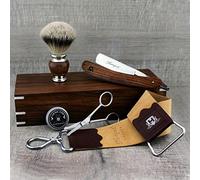 Haryali London Wooden Handmade Shaving Kit with Leather Strop, Silver Tip Badger Brush, Straight Razor, Scissor, Strop Paste Comes in Wooden Box