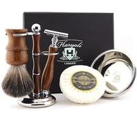 Haryali London Wooden Mens Shaving Kit Double Edge Safety Razor, Synthetic Badger Hair Brush, Stand, Bowl & Soap Perfect Set for Men