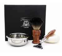 Haryali London Wooden Shaving Kit - 3 Edge Cartridge Safety Razor Black Badger Hair Brush Soap and Stainless Steel Bowl - Reusable & Sustainable Shaving Set for Men - Mens Gift Idea