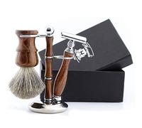 Haryali London Shaving Kit - 3 Pc Wooden Shaving Kit - Double Edge Safety Razor - Super Badger Shaving Brush - Shaving Stand from Wood and Stainless Steel - Sustainable Shaving Set as a Gift Set