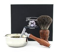 Haryali London, Wooden Shaving Kit for Men - 4 Pcs Wet Shaving Set with Double Edge Safety Razor, Badger Hair Brush, Shaving Soap, Stainless Steel Bowl & Stand - Traditional Shaving Gift Set