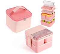 HASA zone Bento Lunch Box with Compartments, 1800ML Bento Box with Insulated Bag & Cutlery, Leakproof & Stackable 2 Layers Lunchbox for Adults & Kids- Work, On-the-Go, School (Pink)
