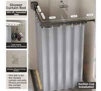 Hasaller Foldable Suction Cup Shower Curtain Rod with Rings 4-Way Adjustable Tension Pole for Corner or Straight Bathroom Installation No-Drill Wall Mount Aluminum Alloy Space Sav(black)