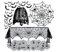 Hasaller Halloween Lace Table Runners Halloween Lace Spider Web Decor Set with 3D Bat Wall Sticker Fireplace Scarf Table Runner Round Tablecloth Lampshade