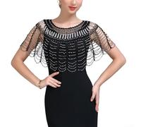 Hasaller Women Cape 1920s Shawl Beads Deco Poncho-Wrap Cape Shawl Pearl Shawl Hanfu Shoulder Wrap Pearl Cloak Evening Party Dress Scarfs Flapper Cover Up(Black silver)